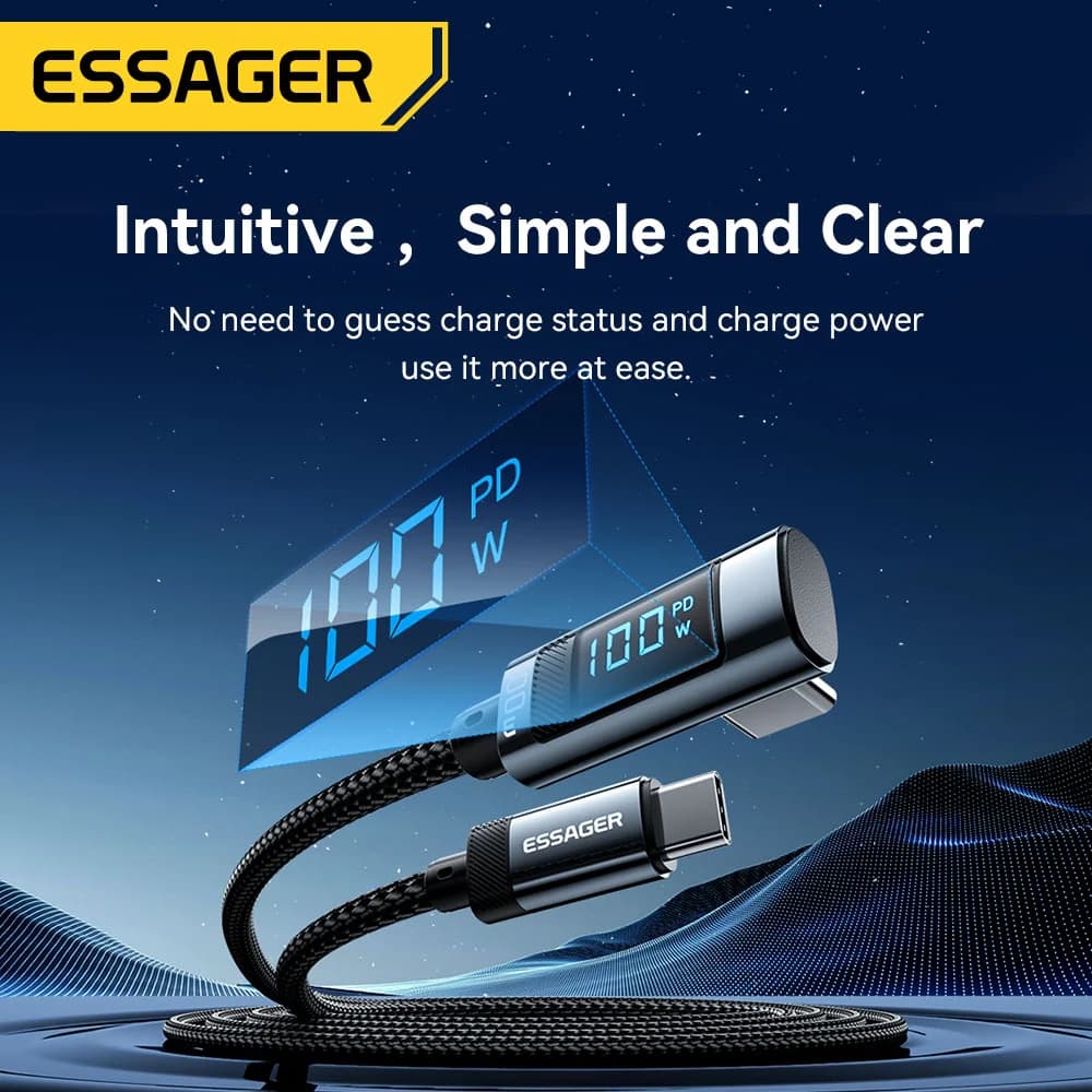 Cable USB-C de 100W y 5A con ángulo de 90 grados y pantalla LED