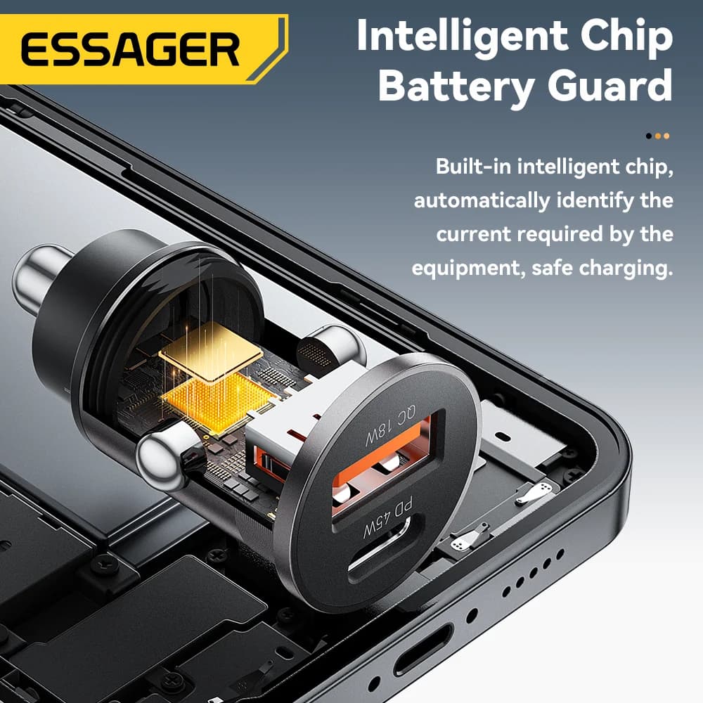 Cargador de coche mini USB-C de 45W, QC 3.0