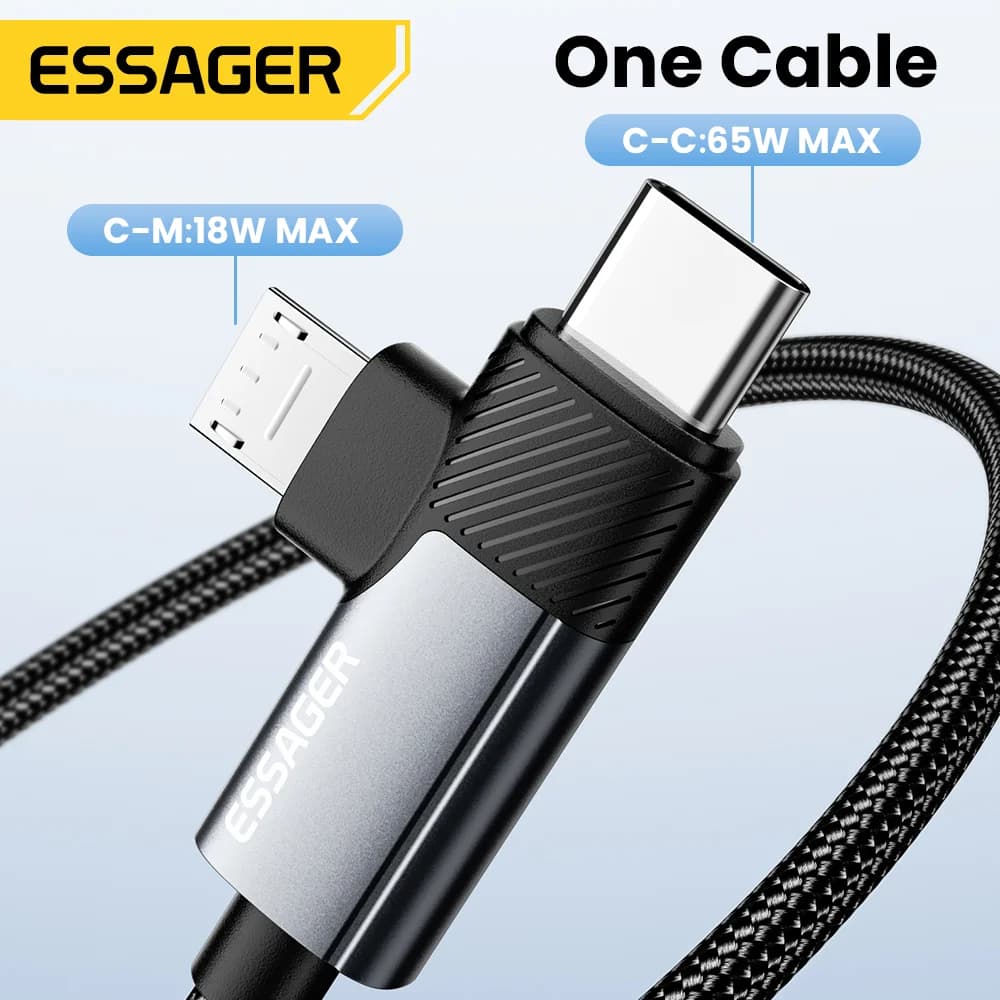 Cable de carga rápida 2 en 1 de 65W PD Type-C/USB-A a Micro