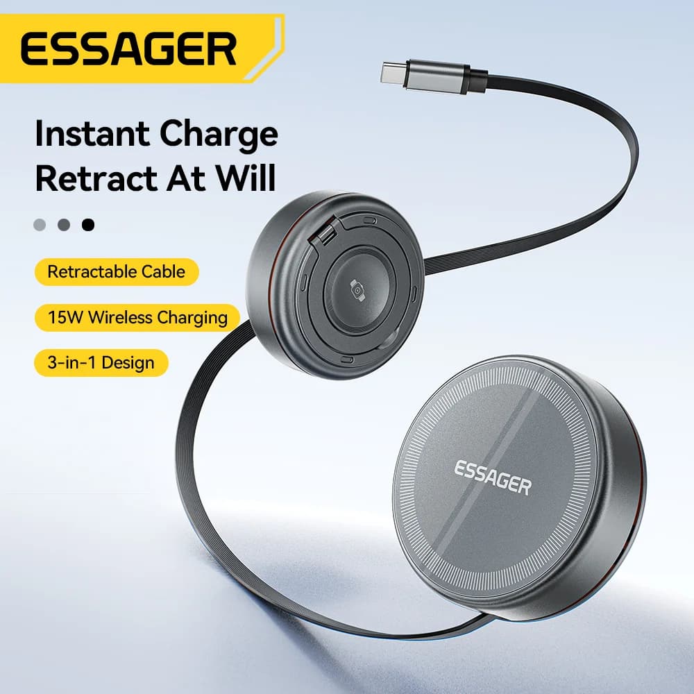 Cargador Inalámbrico Magnético 3-en-1 con Cable Retractable