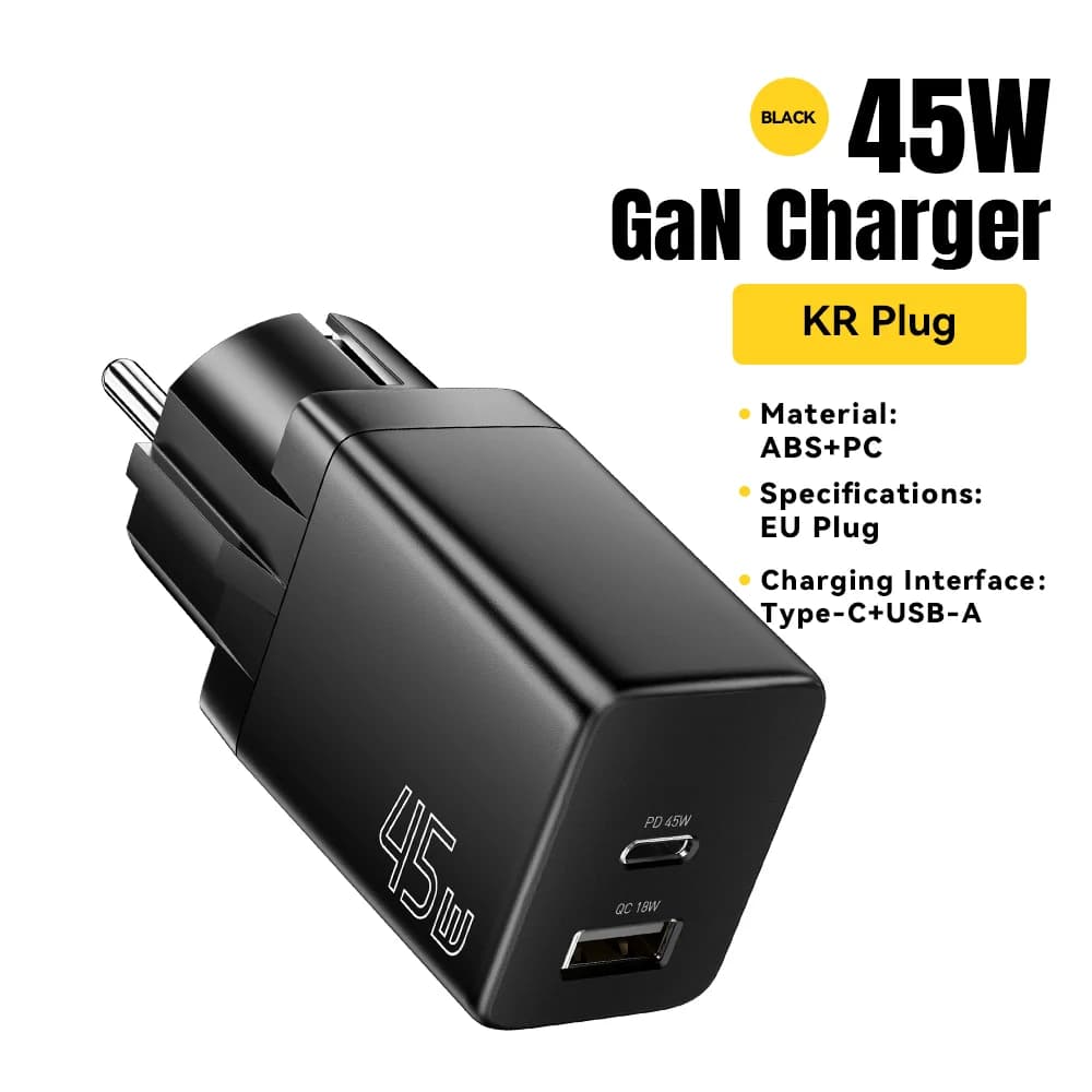 Cargador GaN USB Tipo-C con opciones de enchufe UE/KR