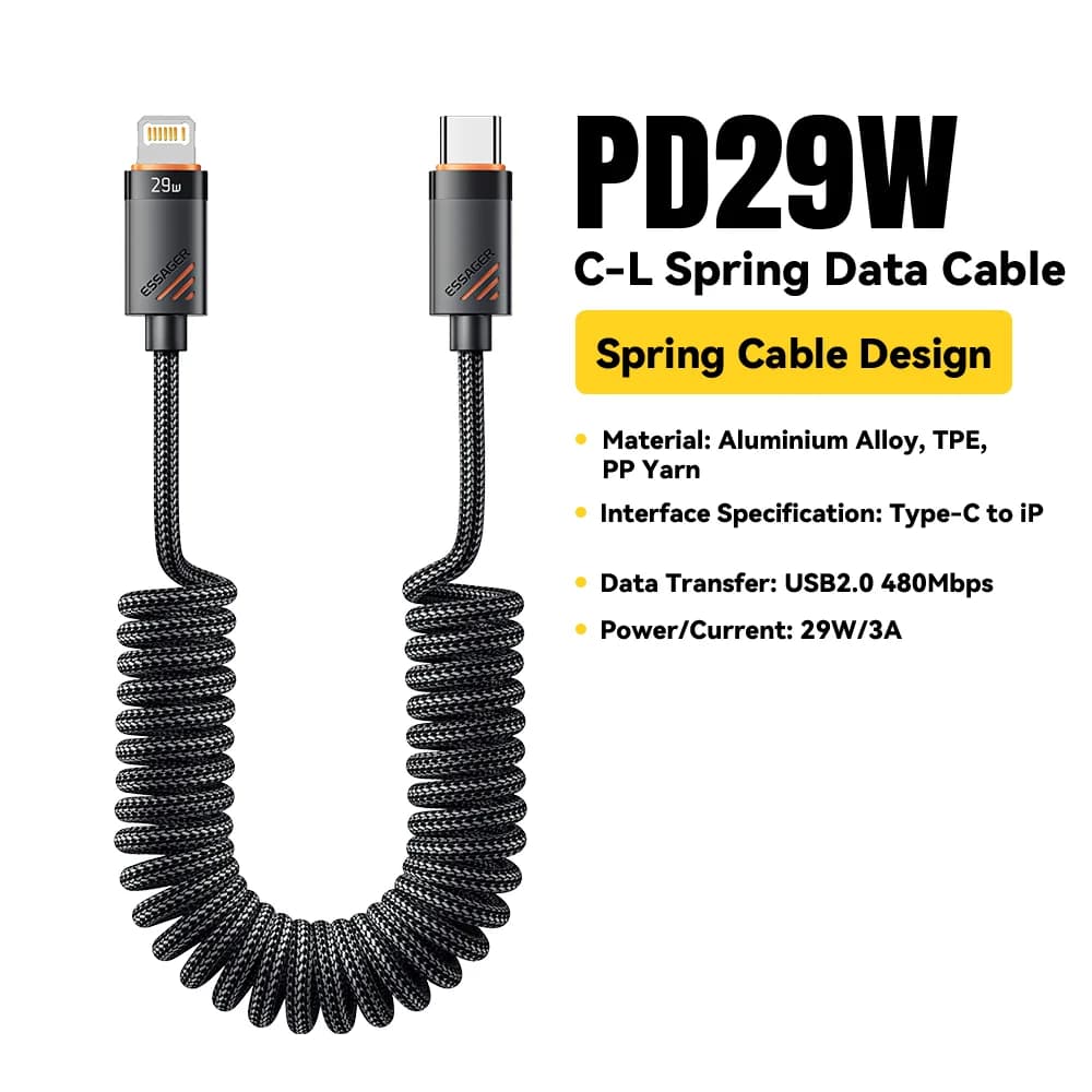 Cable de carga rápida USB-C a Lightning con muelle retráctil
