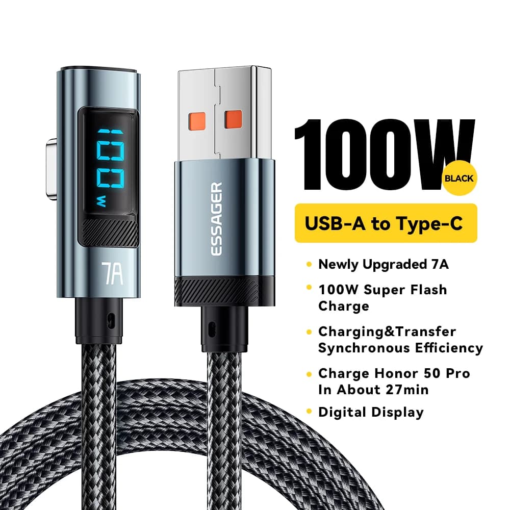 Cable USB Type-C 100W con ángulo de 90° y pantalla LED