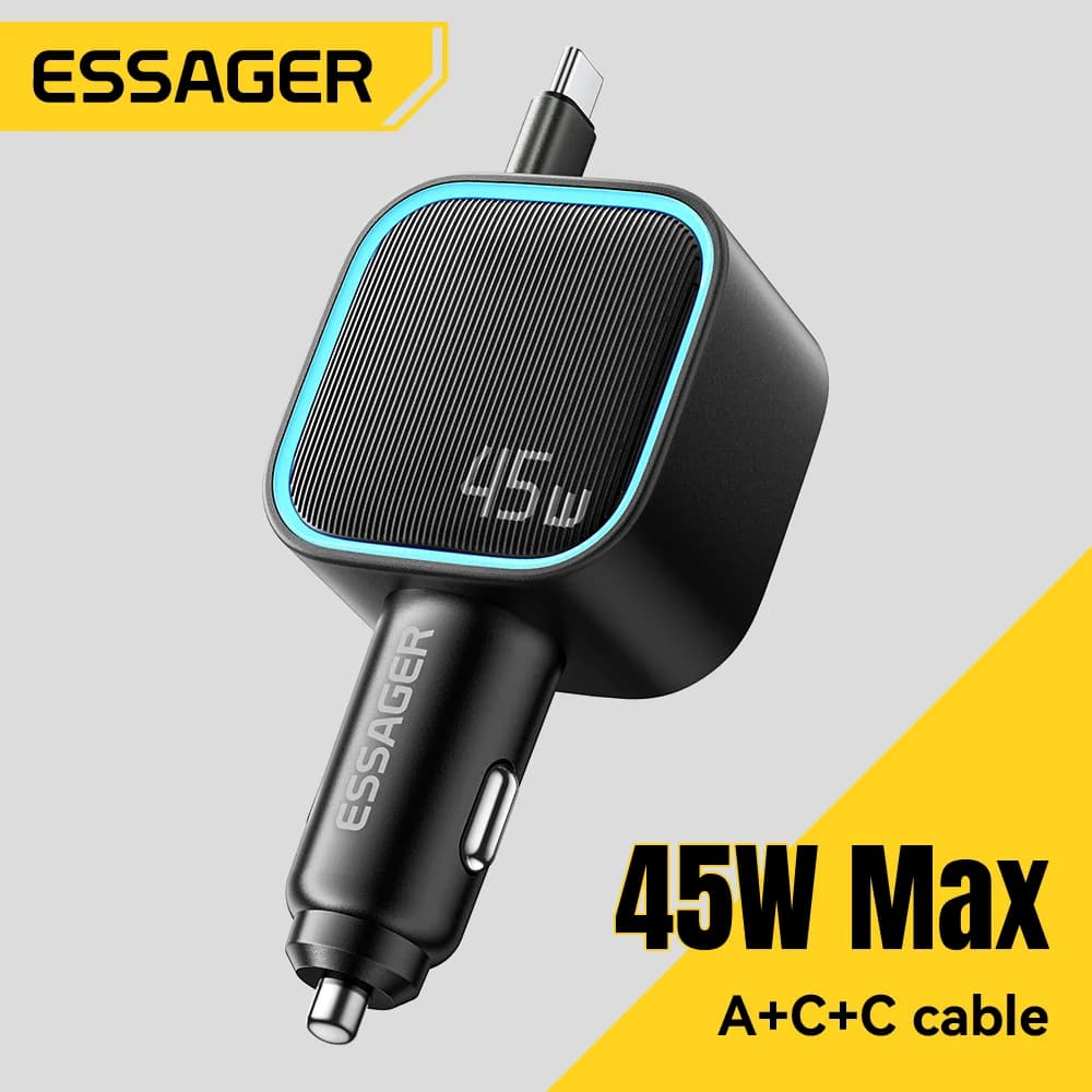Cargador de coche de 45W con cable retráctil PD de 75cm