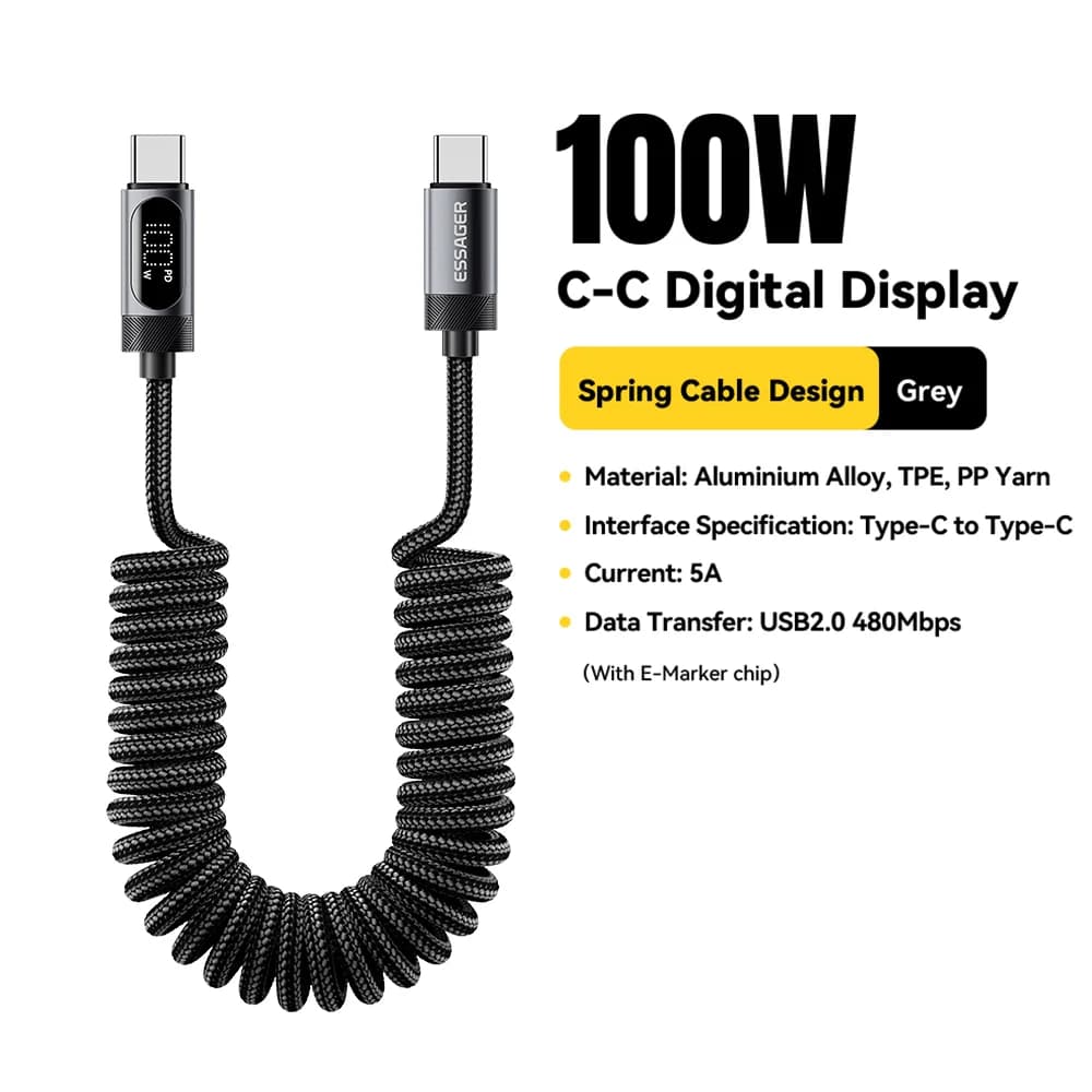 Cable de coche USB-C a USB-C tipo muelle de 100 W