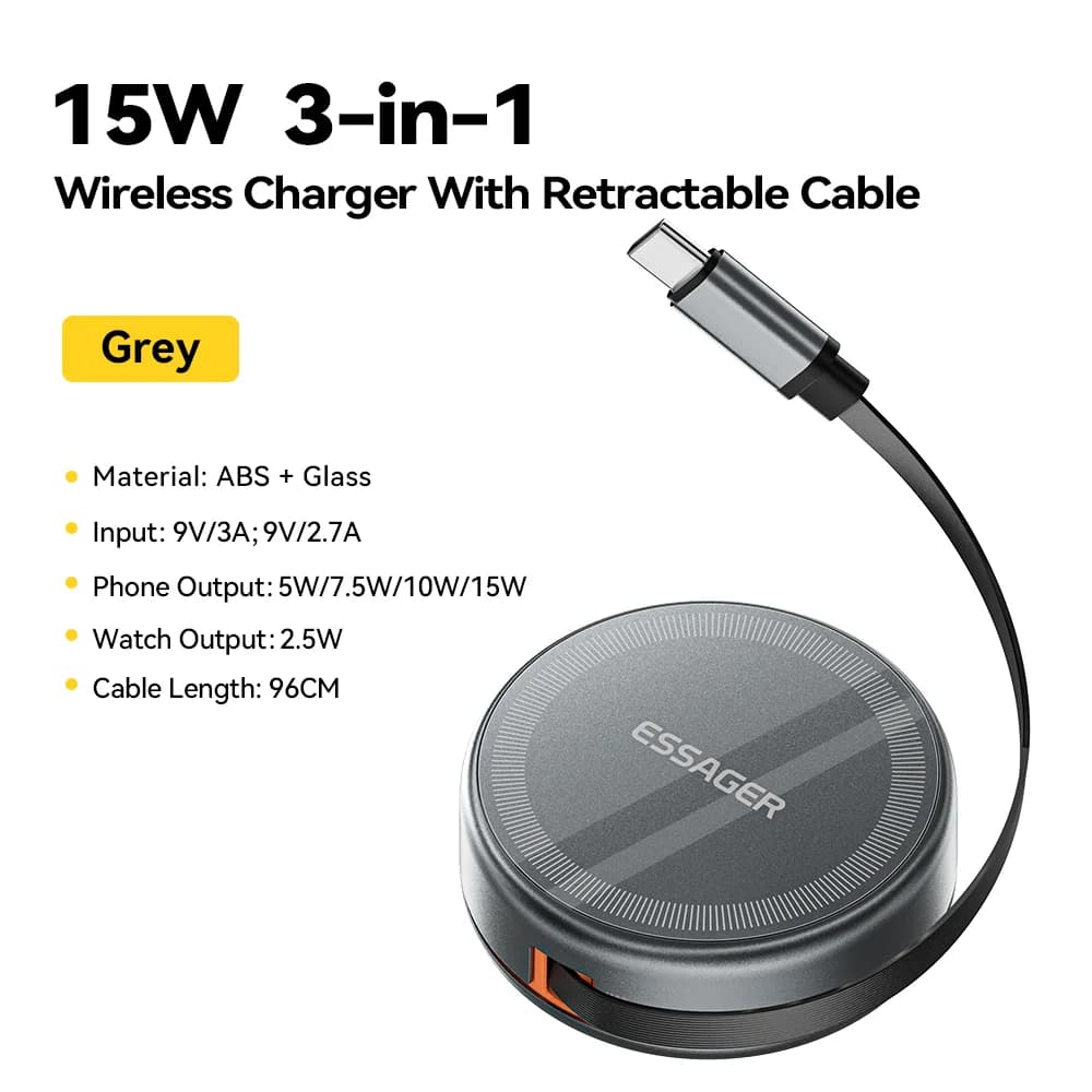 Cargador Inalámbrico Magnético 3-en-1 con Cable Retractable