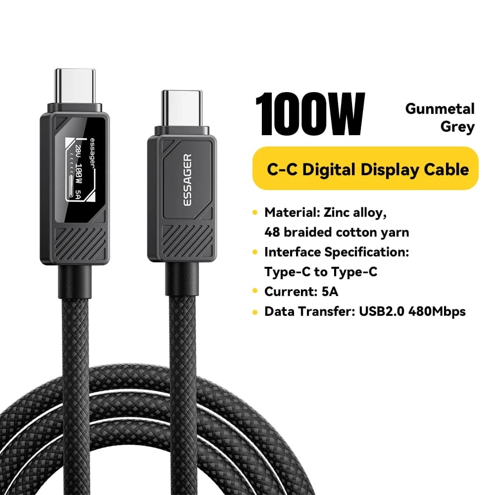 Cable USB-C de 100W con pantalla digital y carga PD