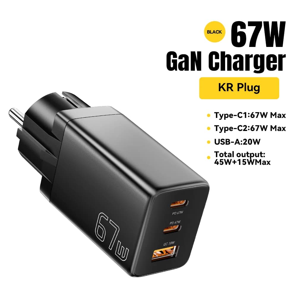 Cargador GaN USB Tipo-C con opciones de enchufe UE/KR